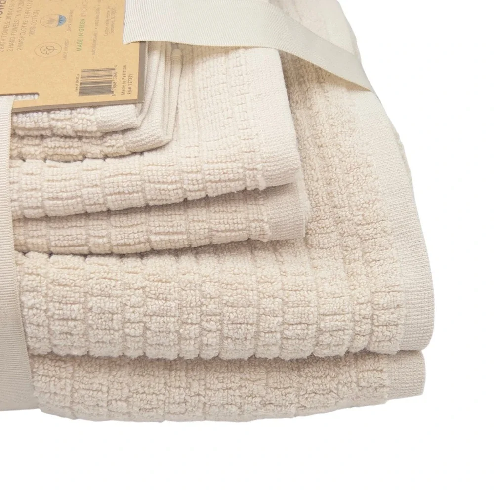 Pure Living 6pc Ecru Raised Cotton Bath Towel Set 2 Bath 2 Hand 2‎ Washcloths